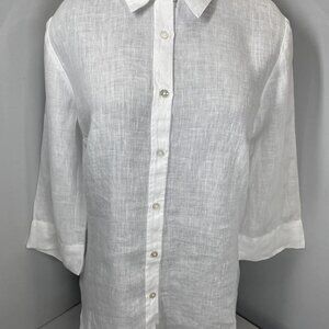 120% Lino Women's Bria Linen Button-Up Shirt – Size M – White 3/4 Sleeve Blouse